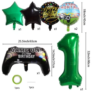 Gamer-themed birthday balloon set with game controller and number one foil balloons