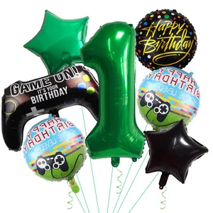 7-piece gaming balloon set with green number 1 and controller foil balloons
