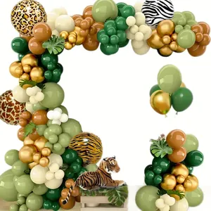 Jungle safari balloon arch kit with leopard tiger prints and green gold latex balloons
