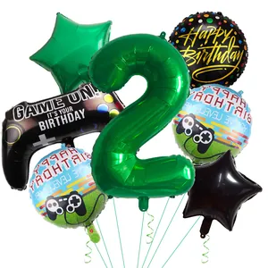 Macro shot of 7pcs game party balloons with green number 2 and black controller foil