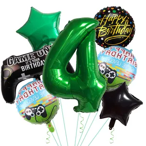 7-piece gaming themed balloon set for 4th birthday with controller and green number 4