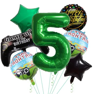 7-piece gaming theme balloon set featuring large green number 5 and gamepad foil balloons