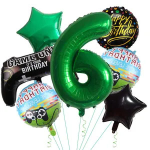 6th birthday video game theme balloon set with green number 6 and controller