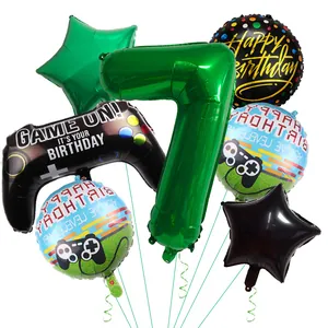 Detail of gamer 7th birthday balloon set featuring green number 7 and gamepad foil design