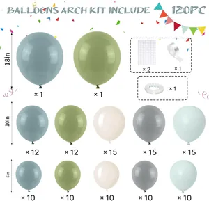 Detailed grid of 120pc balloon arch kit with sage green, blue and cream latex balloons