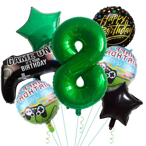 7-piece gaming balloon set with green number 8 and controller foil for party decor