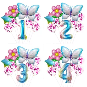 Pastel butterfly and gradient number balloon set for children's birthday party decoration