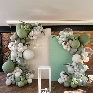 Sage green and cream balloon garland kit with faux eucalyptus for bridal shower decor