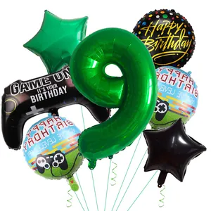 Detailed set of 9th birthday game-themed foil balloons with green number and game controller