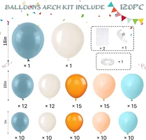 Detail of 120pcs orange and blue balloon arch kit with various sizes and accessories