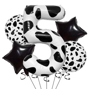 Kit de ballons chiffre 5 motif vache avec étoiles noires pour fête d'anniversaire