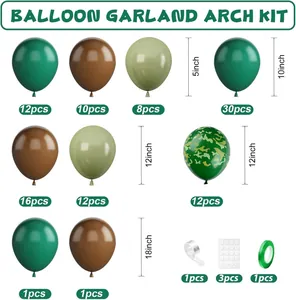 Dettaglio kit arco palloncini mimetici con lattice verde e marrone in quattro dimensioni