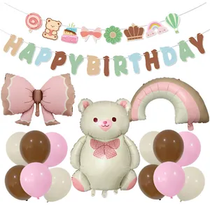 Matte bow and bear foil balloon set with Happy Birthday banner for party decor