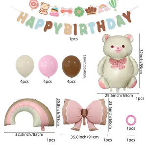 Matte bow and bear foil balloon set with rainbow and happy birthday banner details