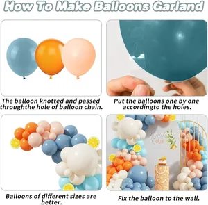 DIY guide showing how to assemble a macaron blue and orange balloon garland arch kit