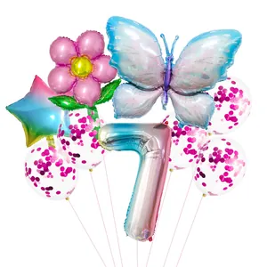 Detailed set of butterfly and gradient number 7 foil balloons with sequins for birthday