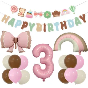 Matte bow balloon set with Happy Birthday banner and rainbow foil for party decor