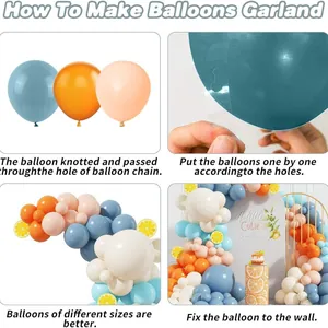 DIY macaron orange and blue balloon arch kit assembly guide with party background