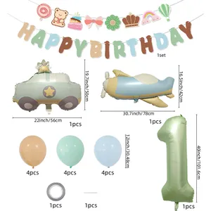 Set palloncini numero 1 verde oliva con striscione orso e palloncini auto cartoon