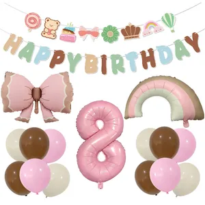 Detailed set of Morandi bow foil balloons and happy birthday banners for party decor