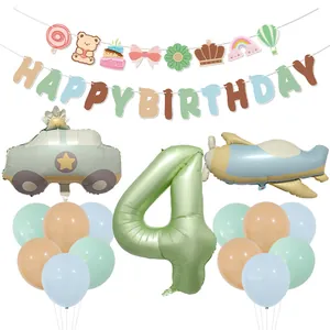 Set palloncino numero 4 verde oliva con striscione orso e decori aereo e auto