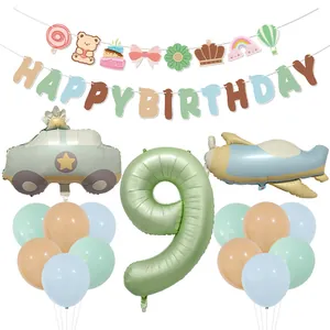 Set palloncini numero 9 verde oliva con auto, aereo e striscione di compleanno