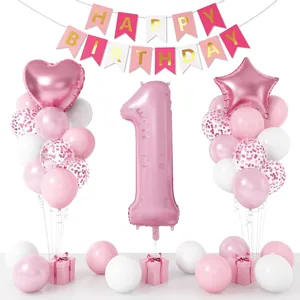 Rosa-weißes Set zum 1. Geburtstag mit Nummer 1 Ballon und Happy Birthday Banner