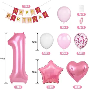 Rosa Set zum 1. Geburtstag mit 40-Zoll-Zahlenballon 1 und Happy Birthday Banner