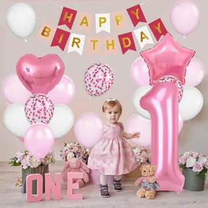 Deko-Set zum 1. Geburtstag in Pink-Weiß mit Girlande, Luftballons und ONE-Tischdeko