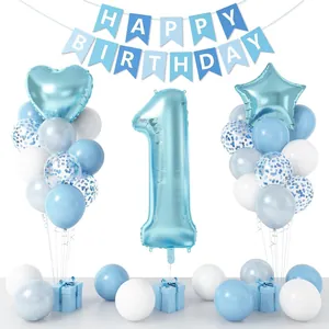 Blaues Deko-Set zum 1. Geburtstag mit Nummer-1-Ballon und Happy Birthday-Girlande