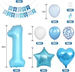 Detailliertes Set-Layout mit 40-Zoll-Blau-Zahl 1-Folienballon und Party-Bannern