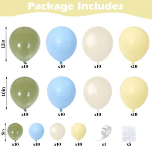 Ballon-Set Liste mit salbeigrünen, blauen, beigen, gelben Ballons und Klebepunkten
