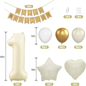 Detailset zum 1. Geburtstag in Cremegold mit 40-Zoll Folienballon Nummer 1 und Girlande