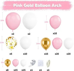Detalle del kit de arco de globos rosa y dorado con tamaños y cantidades de los componentes