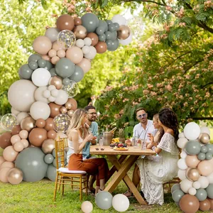 Neutral sage green and caramel brown balloon arch kit for wedding and party outdoor decor