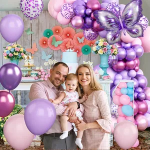 Purple butterfly balloon garland kit with macaron pink and metallic balloons for party
