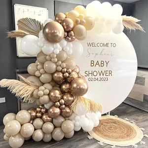 Champagne gold balloon arch kit with white pearls and dried palm leaves for baby shower