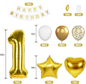 Detailansicht eines 1. Geburtstag Deko-Sets mit goldenen Ballons und HAPPY BIRTHDAY Banner