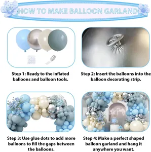 Step-by-step assembly guide for blue balloon arch garland kit with mounting tools