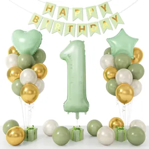 Salbeigrünes Deko-Set zum 1. Geburtstag mit Zahl 1 Ballon, Banner und Goldballons