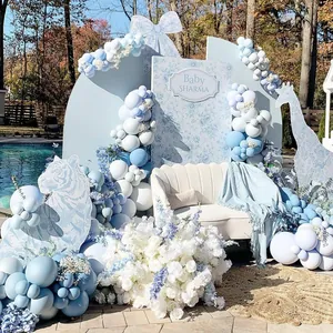 Blue balloon arch kit and floral backdrop for baby shower garden party decorations