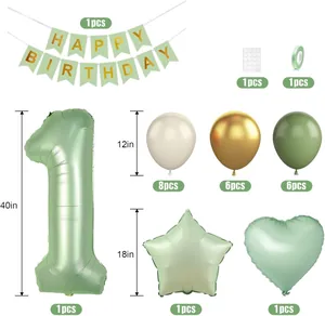 Salbeigrünes Geburtstagsset mit Nummer 1 Folienballon, Banner und Latexballons