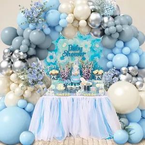 Blue and silver balloon arch kit with faux roses for baby shower party decoration