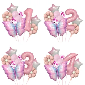 Butterfly Theme Birthday Party Balloons Pink Purple Gradient Aluminum Foil Number Balloon Daisy Star Latex Balloons For Kids Decoration
