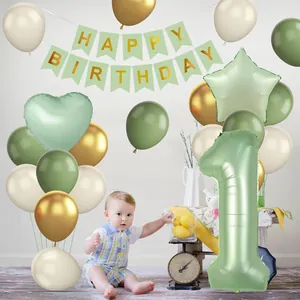 Detail von Salbeigrün Deko-Set zum 1. Geburtstag mit Ballons und Gold-Bannern