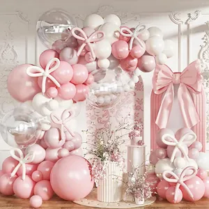 Kit arco di palloncini rosa e bianchi con palloncini a fiocco per baby shower