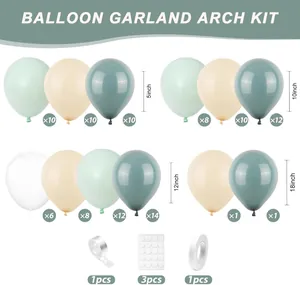 Detail list of ocean theme balloon kit showing various blue and beige sizes and accessories