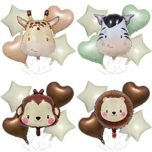 Cartoon Animal Aluminum Film Balloons Cream Color Lion Zebra Giraffe Monkey Head Heart Star Foil Balloons For Kids Birthday Party Decoration