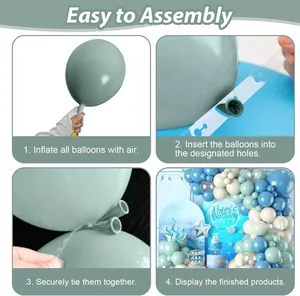 Detail guide showing how to assemble a blue and green balloon arch for boy birthday party