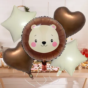 5-piece animal lion balloon set with cream stars and brown hearts for kids birthday party